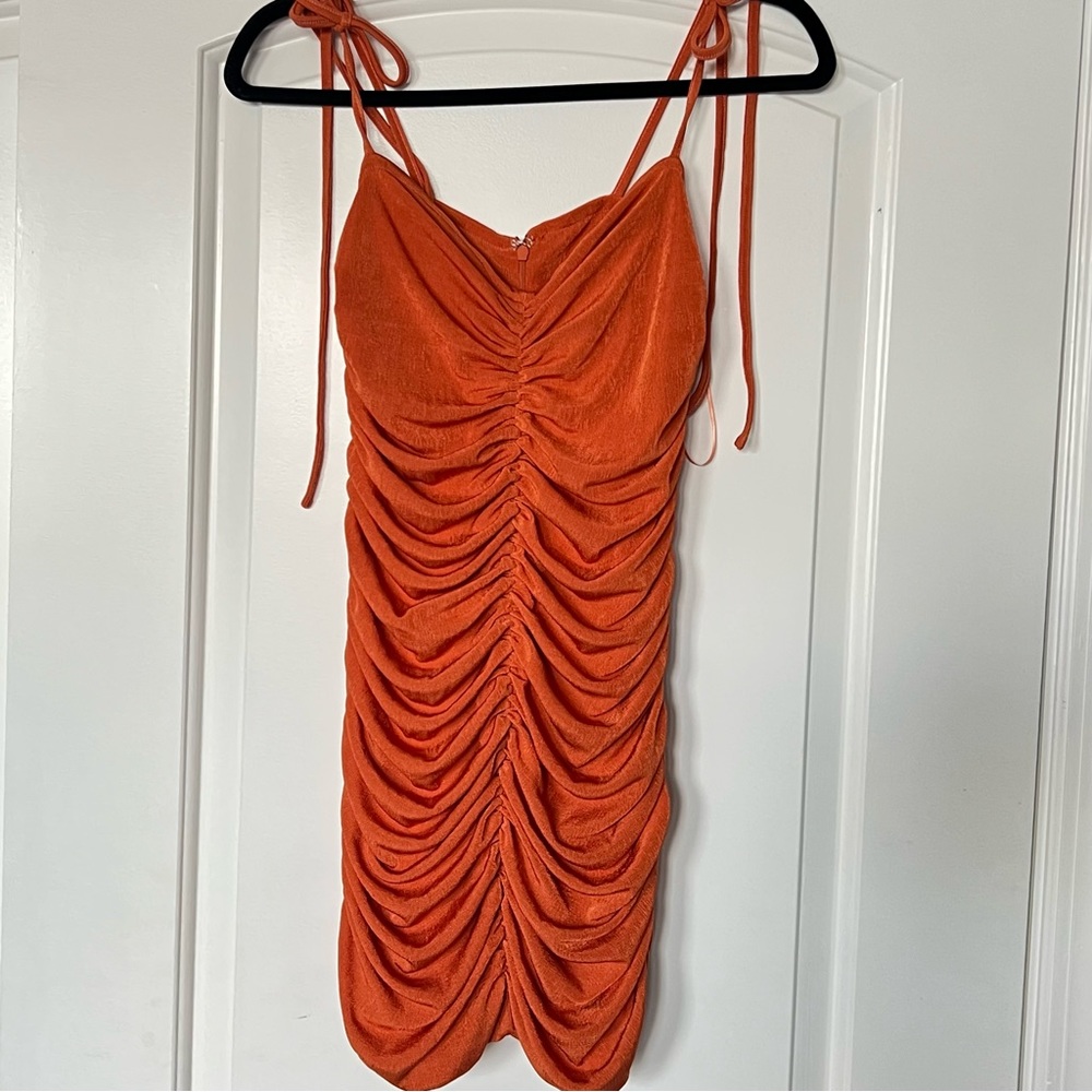 Orange With Jean Ruched Mini Dress